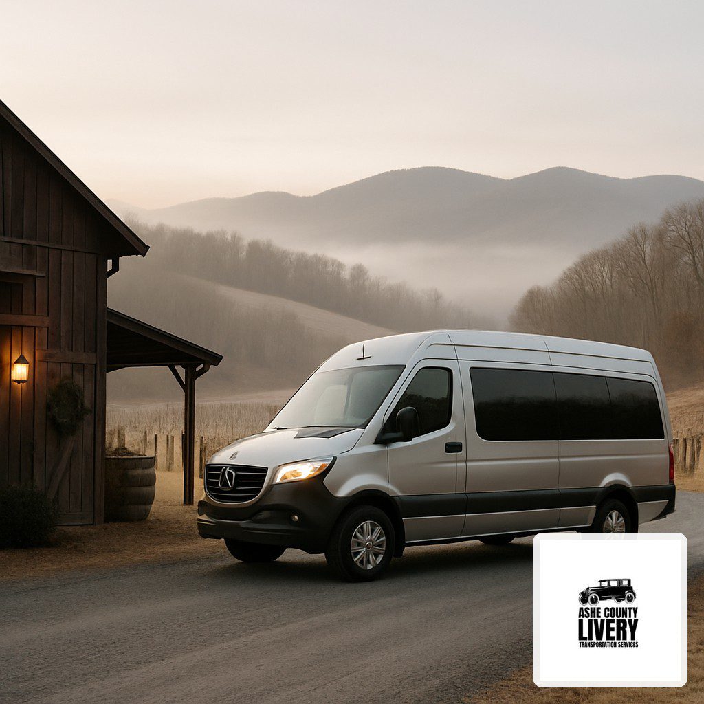 Holiday Wedding Transportation: Why November and December Fill Up Early – Ashe County Livery blog Luxury SUV parked at a mountain wedding venue near the Blue Ridge Parkway with vineyard hills in the background