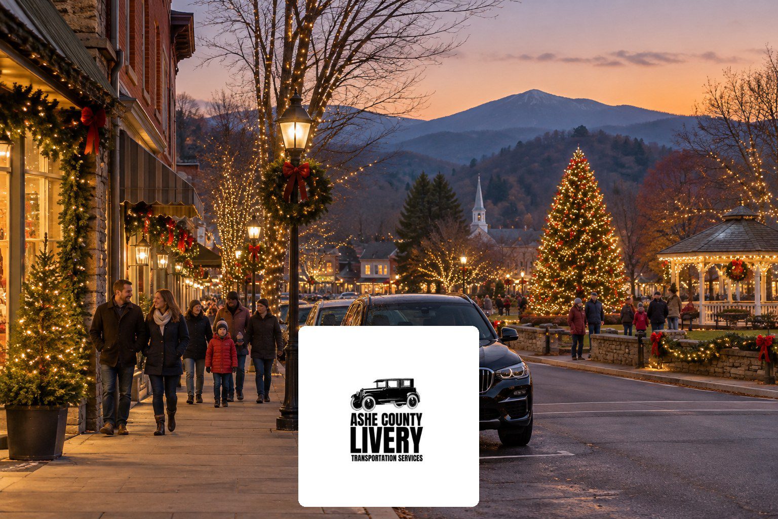 Mountain town main street at dusk with holiday lights and a black SUV parked at the curb