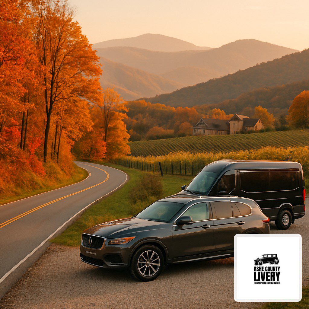 Luxury SUV and executive shuttle van parked at mountain wedding venue driveway with mountains in the background.