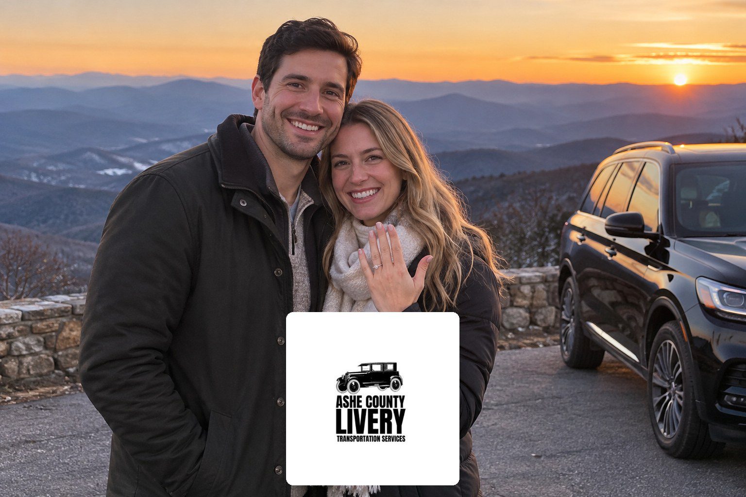 When to Book Wedding Transportation in the NC Mountains – Ashe County Livery blog Smiling couple posing on a mountain overlook at sunset with a black SUV parked nearby; the woman shows an engagement ring on her left hand.