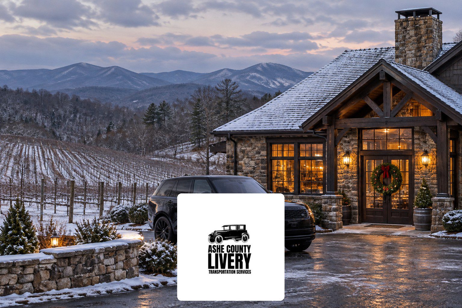 Winter Wine Tours in the NC Mountains: Holiday Guide – Ashe County Livery blog Mountain winery tasting room with glowing windows and light snow on the vineyard