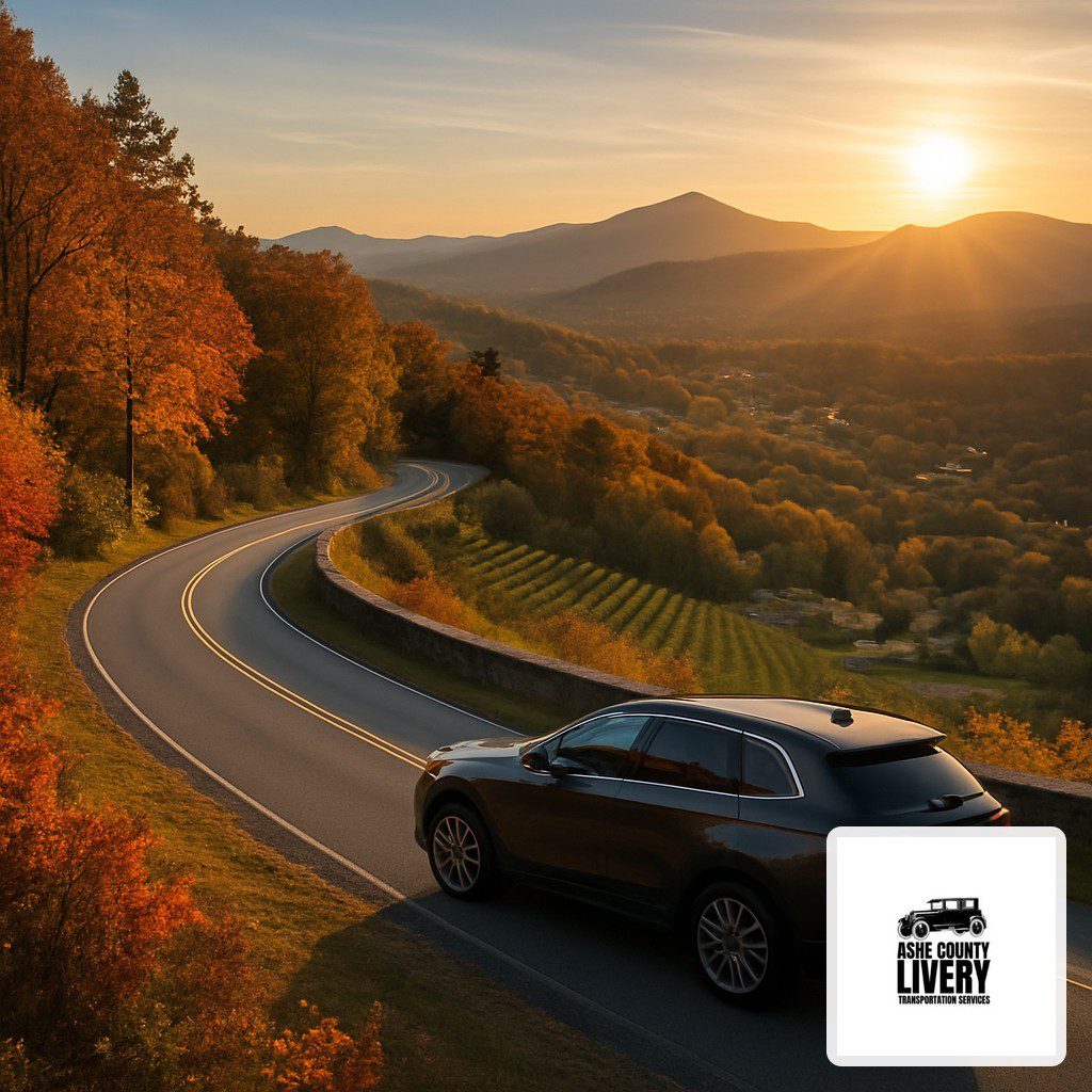Woolly Worm Festival Transportation: Getting to Banner Elk Without the Parking Headache – Ashe County Livery blog Luxury SUV parked on a mountain road at sunset near Banner Elk with fall foliage